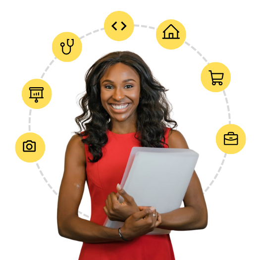 Woman standing in front of icons in a circle of accounting service icons for industries for contractors, ecommerce, tech and consulting